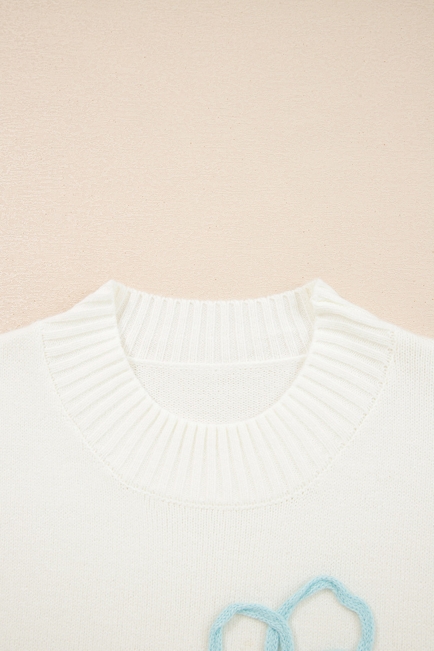 White Embroidered Flower Bouquet Ribbed Trim Loose Sweater