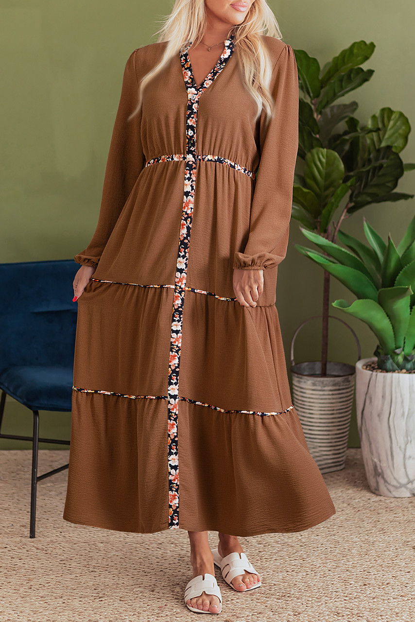 Chestnut Floral Patchwork Detail Notched Neck Long Sleeve Maxi Dress Chestnut Floral Patchwork Detail Notched Neck Long Sleeve Maxi Dress