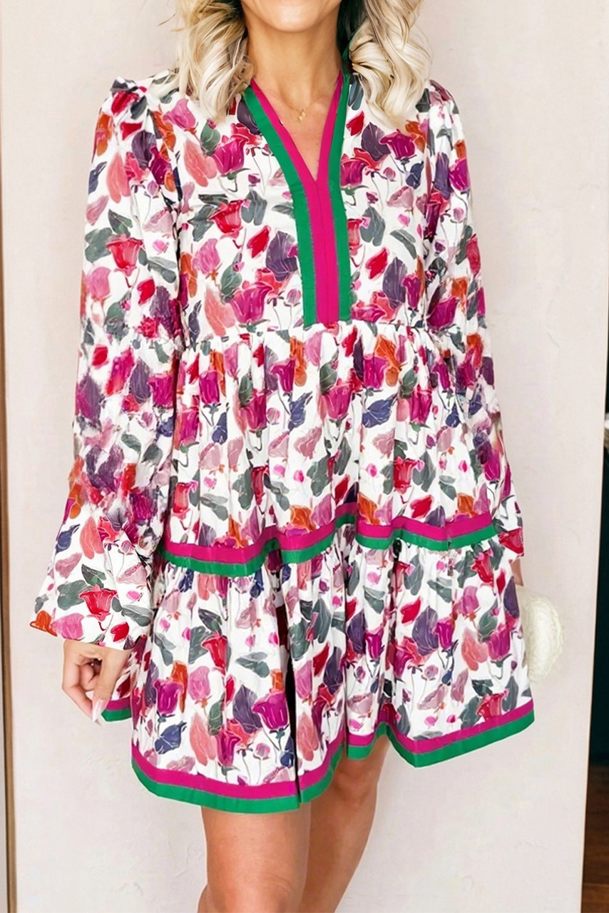 Purple Floral Print Contrast Striped Detail Long Sleeve Mini Dress