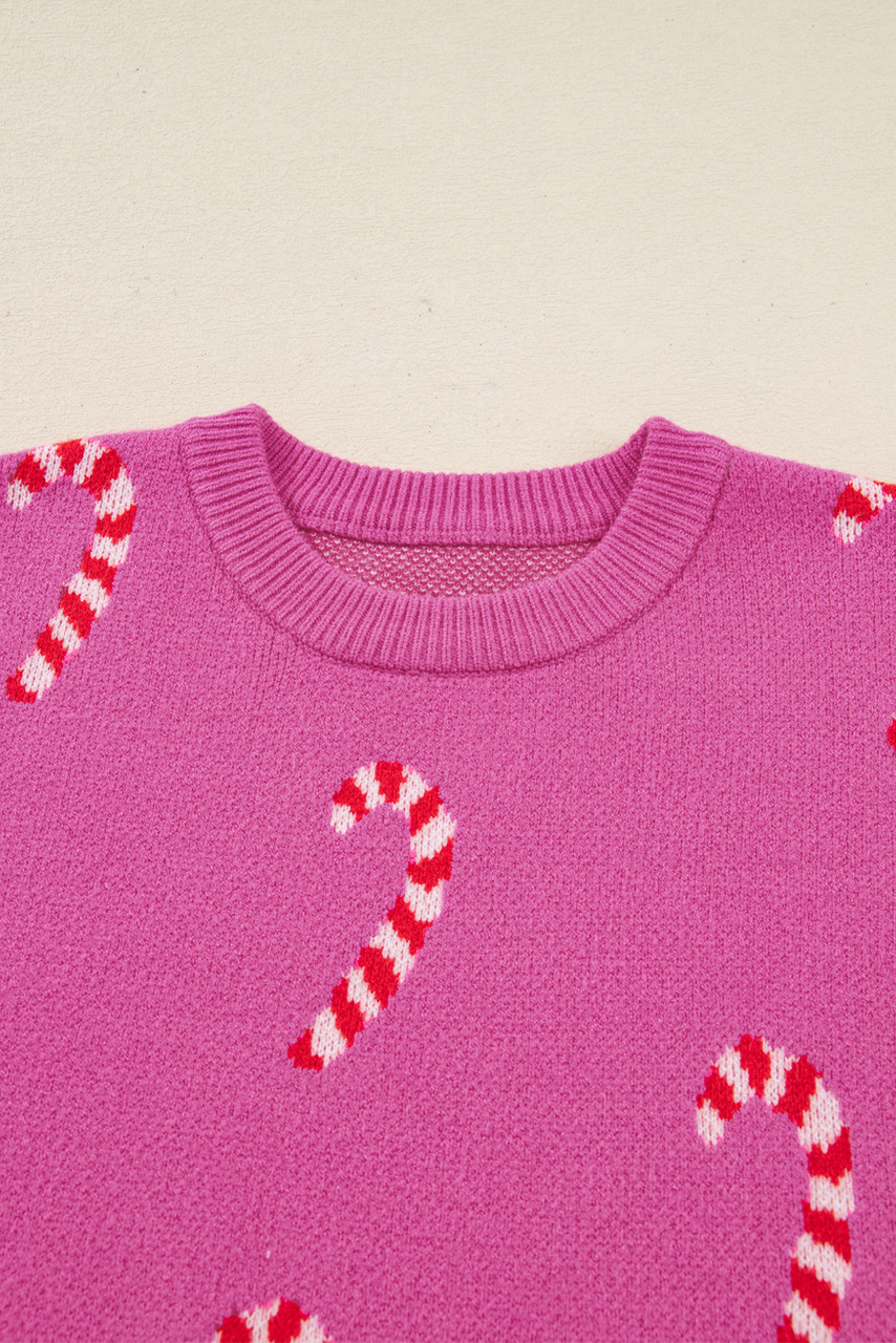 Sachet Pink Christmas Candy Cane Holiday Drop Shoulder Sweater