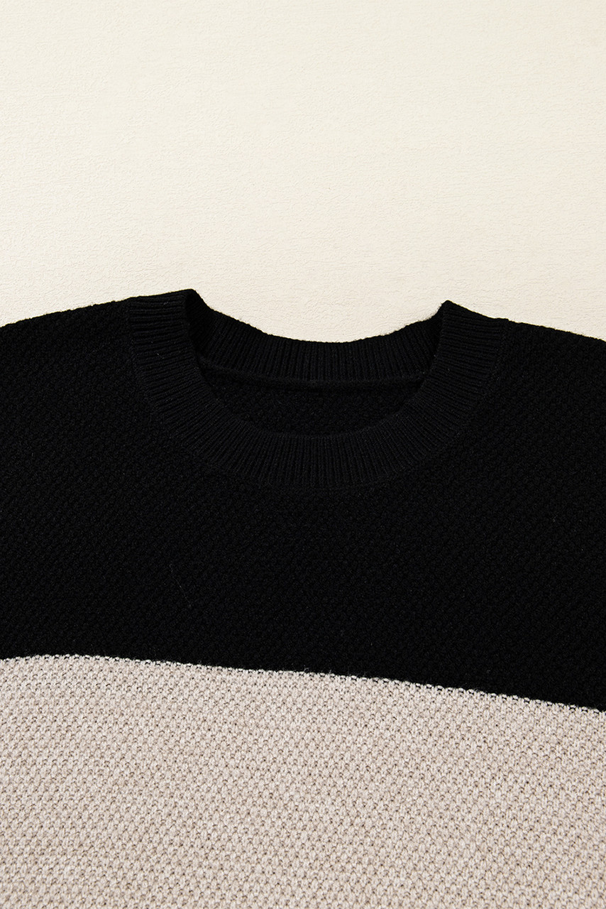Parchment Color Block Knit Striped Sleeve Detail Casual Sweater
