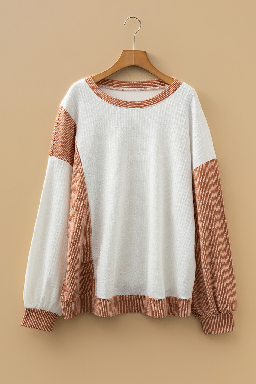 White Cable Texture Ribbed Color Block Plus Size Knit Top