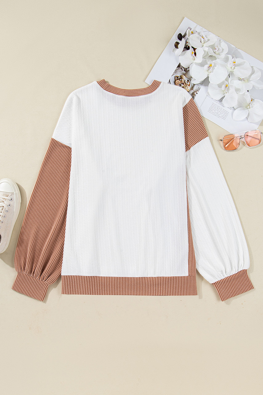 White Cable Texture Ribbed Color Block Plus Size Knit Top