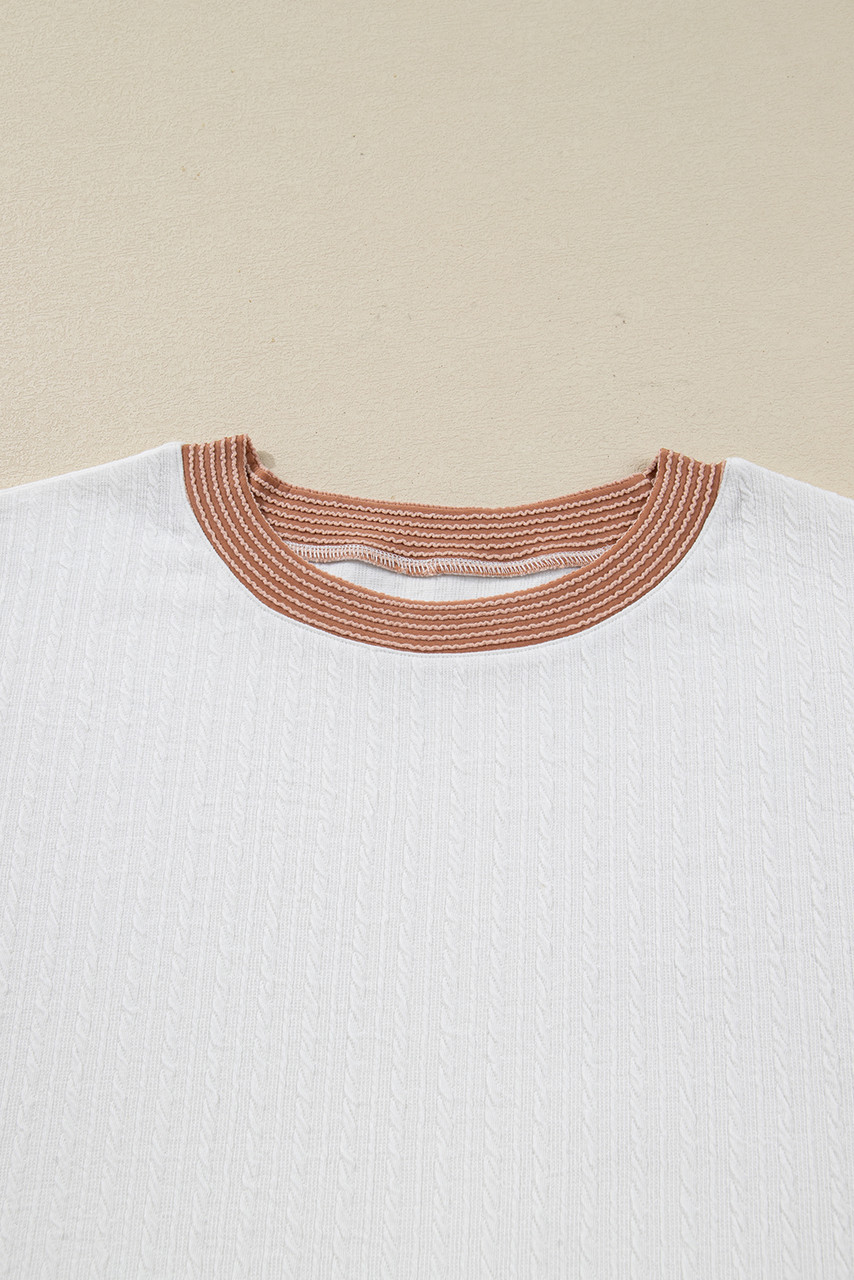 White Cable Texture Ribbed Color Block Plus Size Knit Top