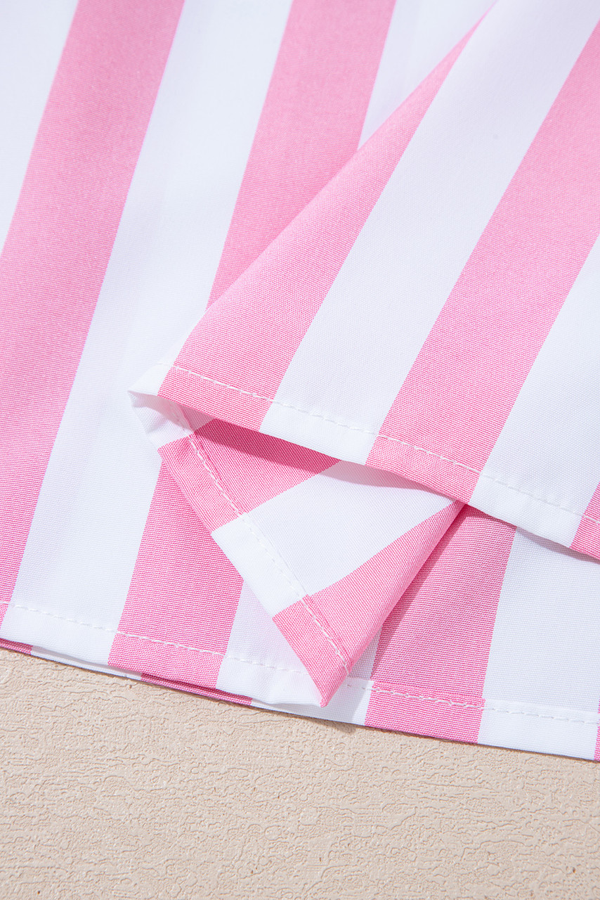 Rose Stripe Split Neck Button Decor Front Puff Sleeve Blouse