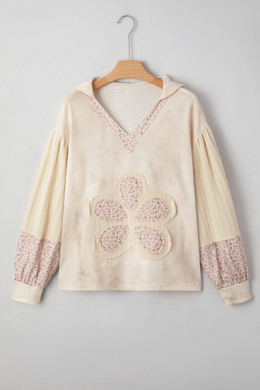 Beige Floral Patched Waffle Textured Colorblock V Neck Casual Hooded Top