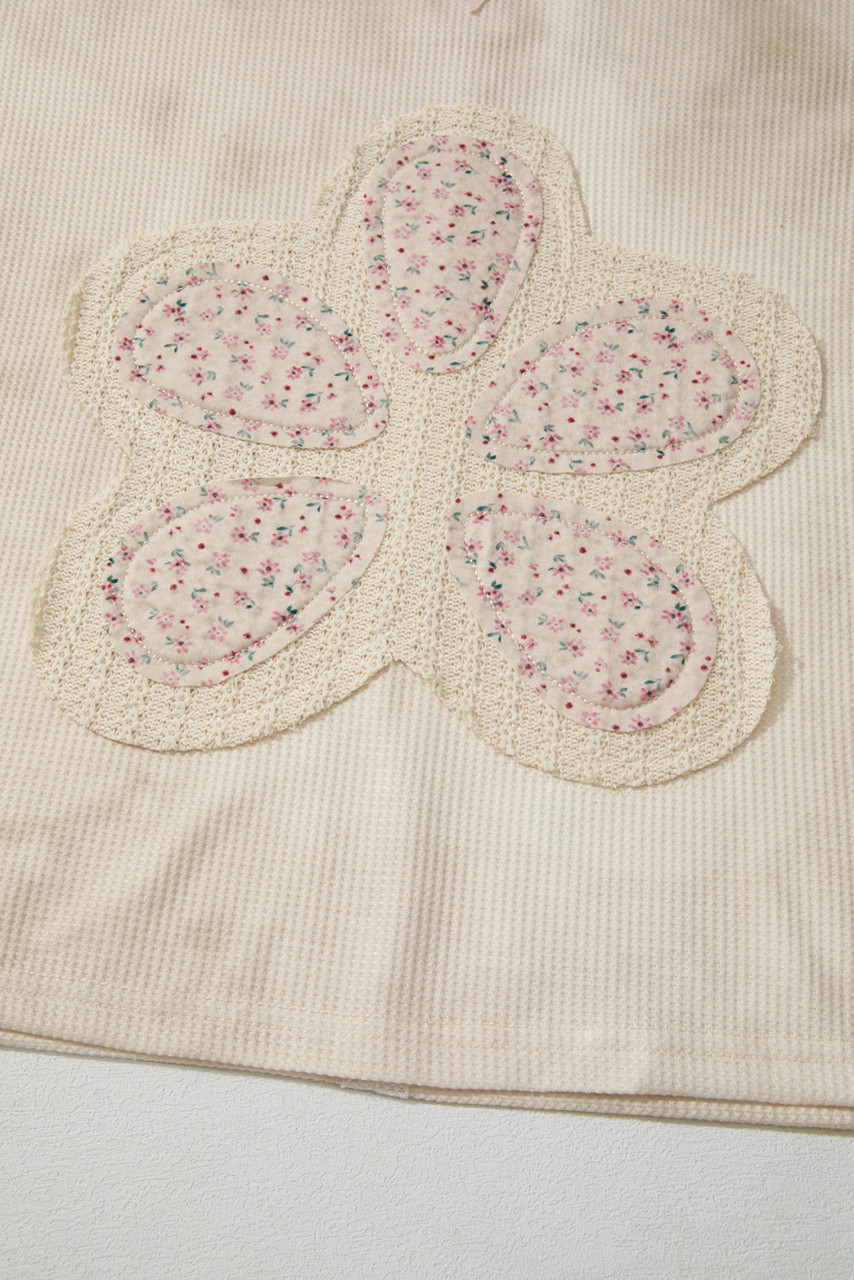 Beige Floral Patched Waffle Textured Colorblock V Neck Casual Hooded Top