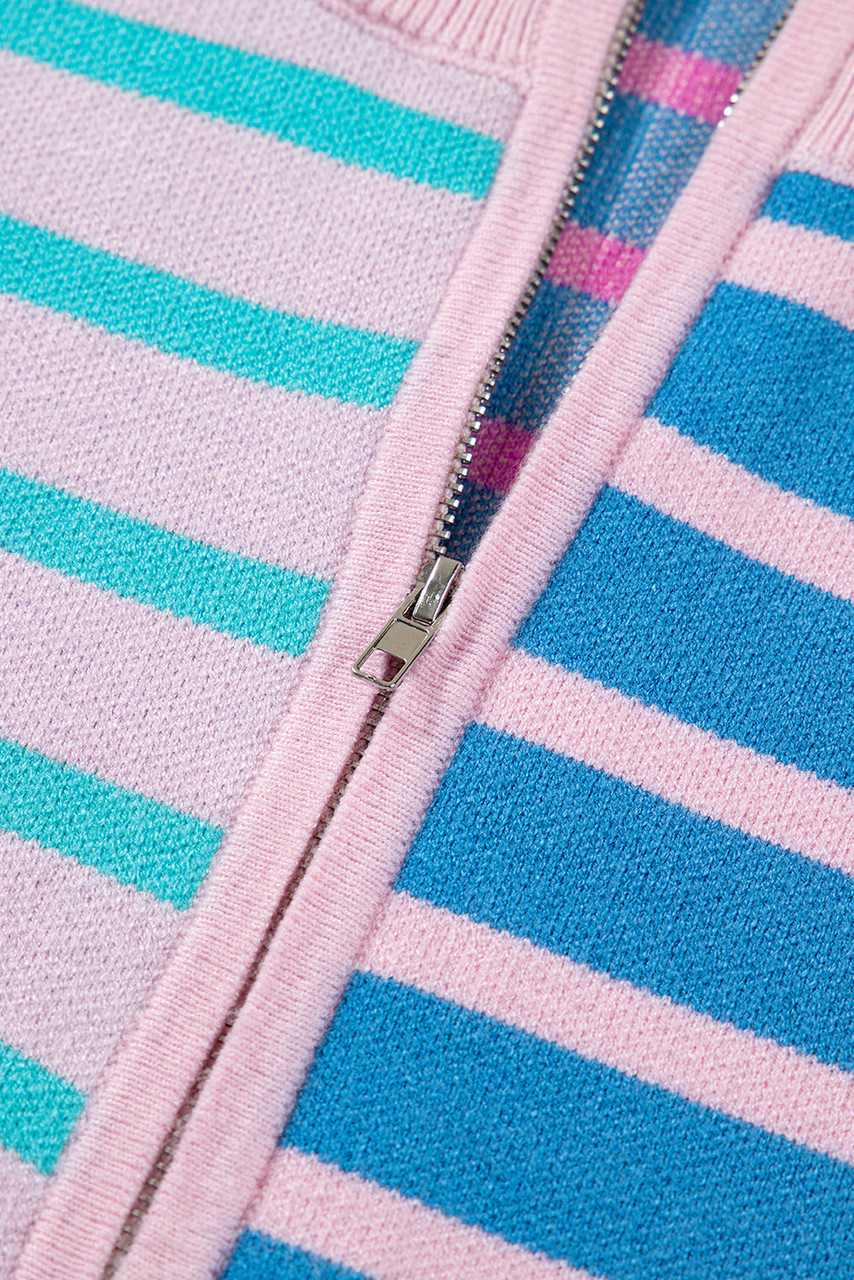 Sky Blue Stripe Colorblock Patchwork Plus Size Half Zip Sweater