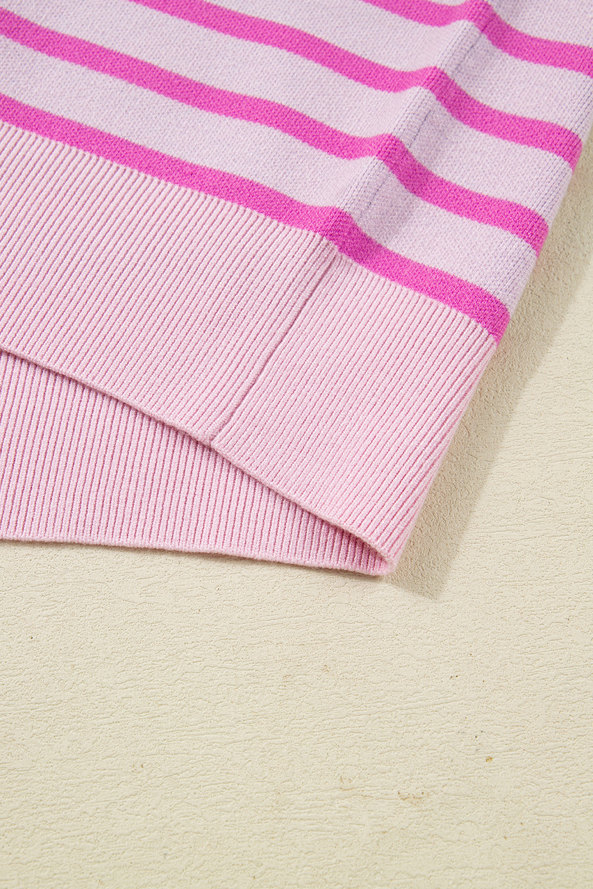 Sky Blue Stripe Colorblock Patchwork Plus Size Half Zip Sweater