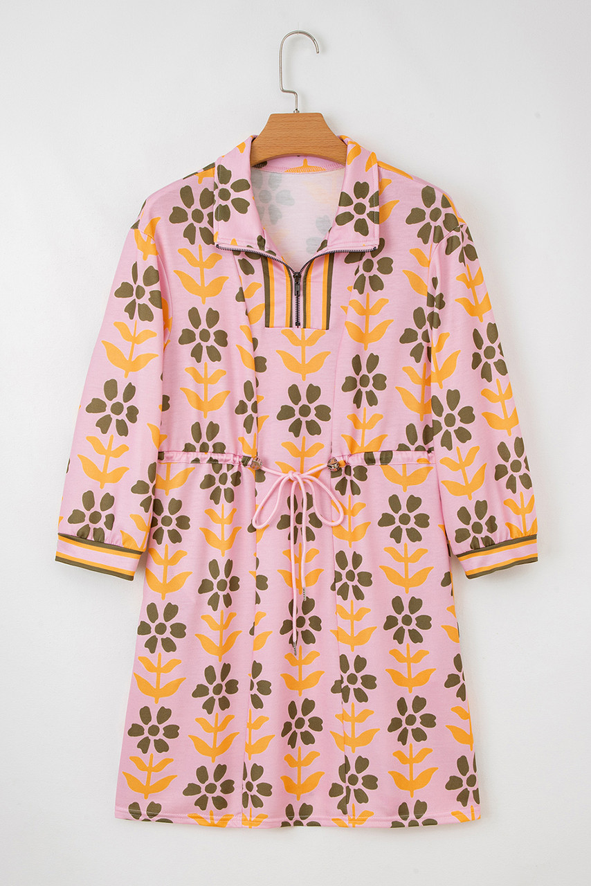 Pink Floral Print Zip Neck Striped Patchwork Long Sleeve Drawstring Dress