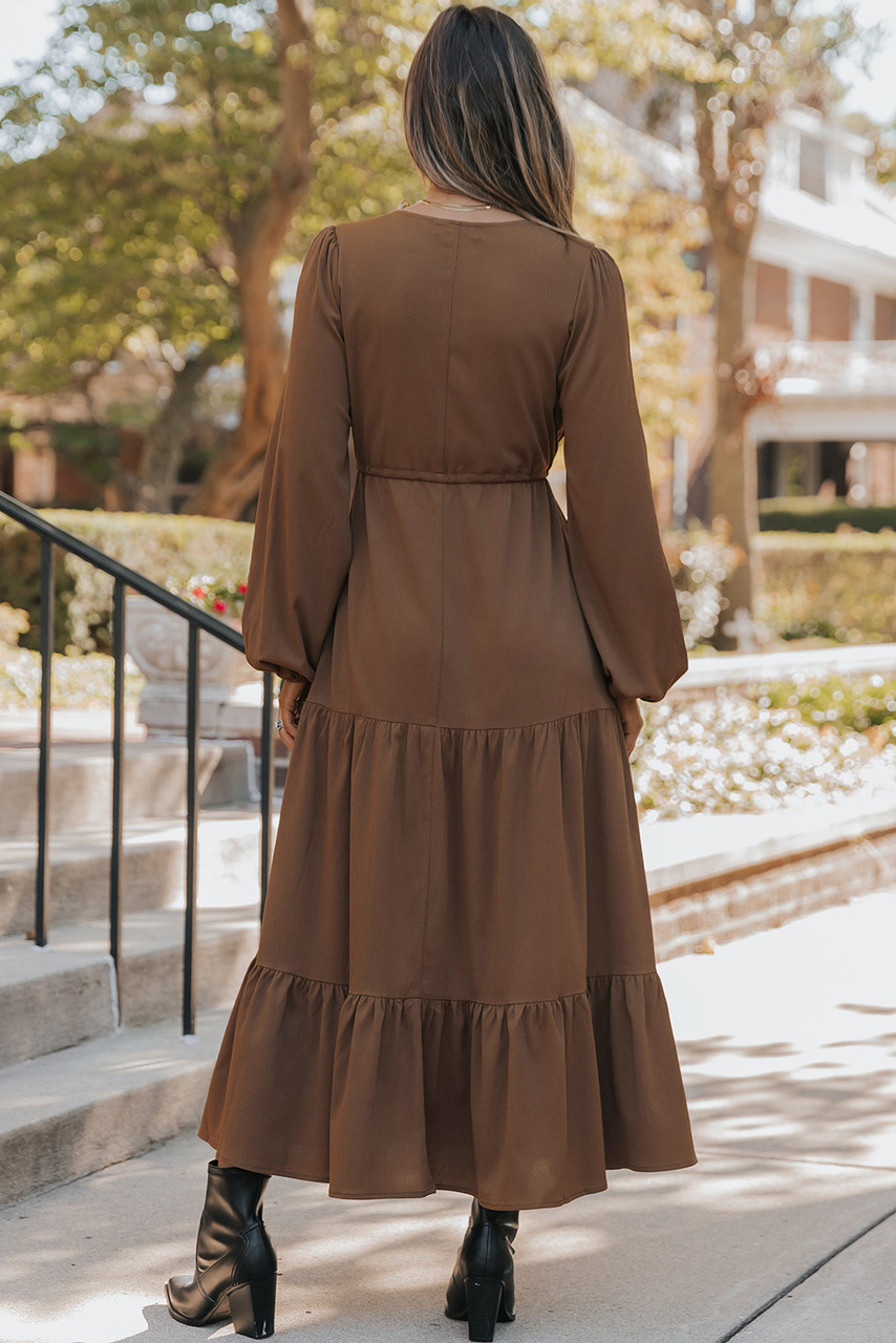Chestnut Solid Long Sleeve Button V Neck Tiered Maxi Dress Chestnut Solid Long Sleeve Button V Neck Tiered Maxi Dress