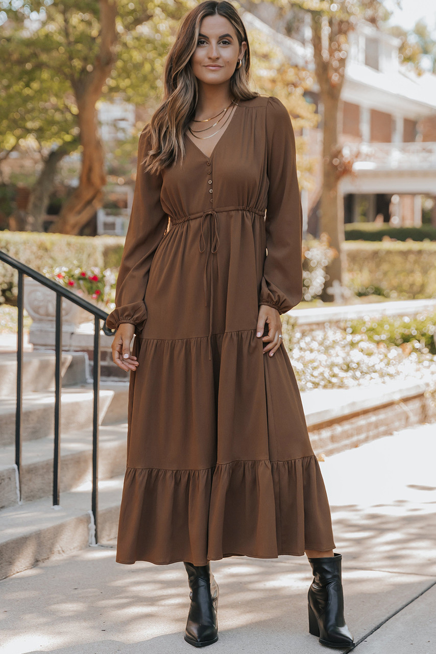 Chestnut Solid Long Sleeve Button V Neck Tiered Maxi Dress Chestnut Solid Long Sleeve Button V Neck Tiered Maxi Dress