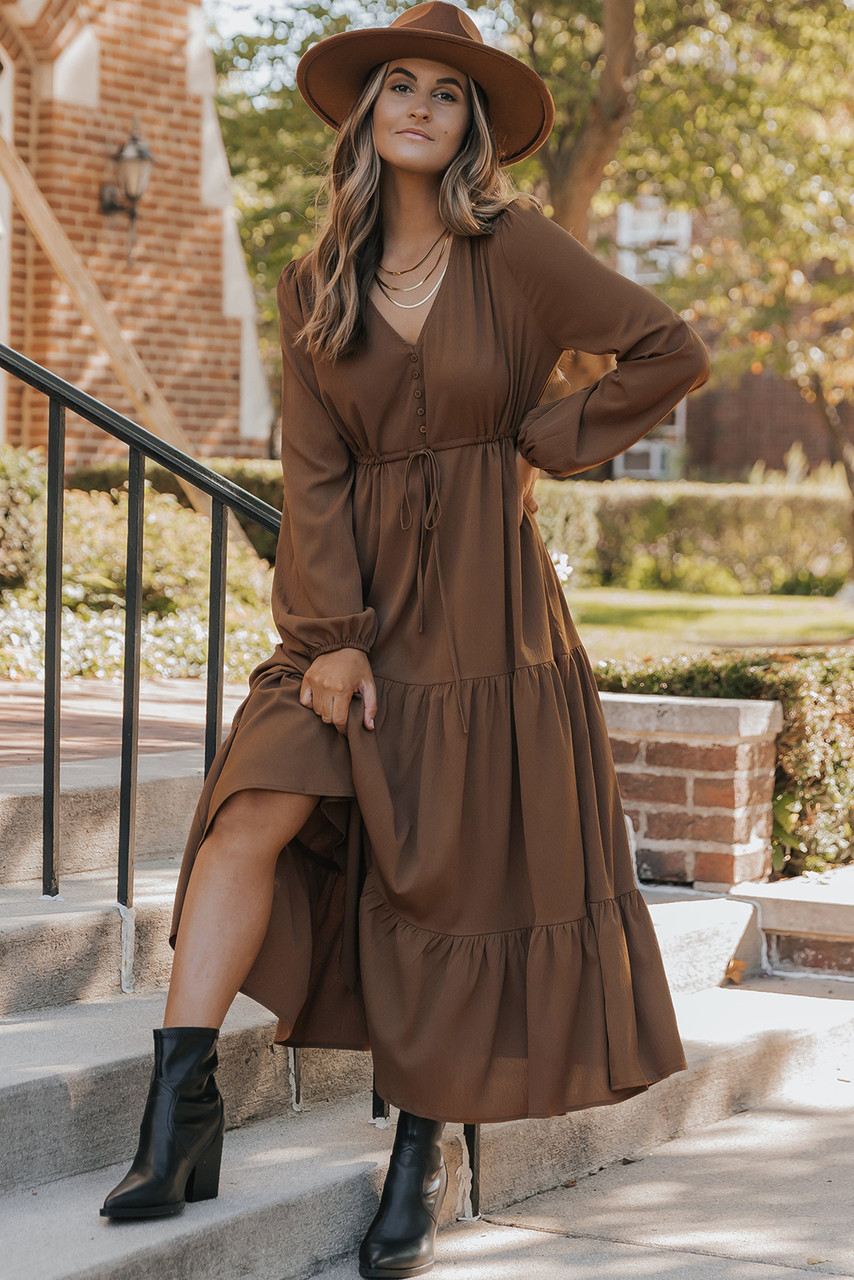 Chestnut Solid Long Sleeve Button V Neck Tiered Maxi Dress Chestnut Solid Long Sleeve Button V Neck Tiered Maxi Dress