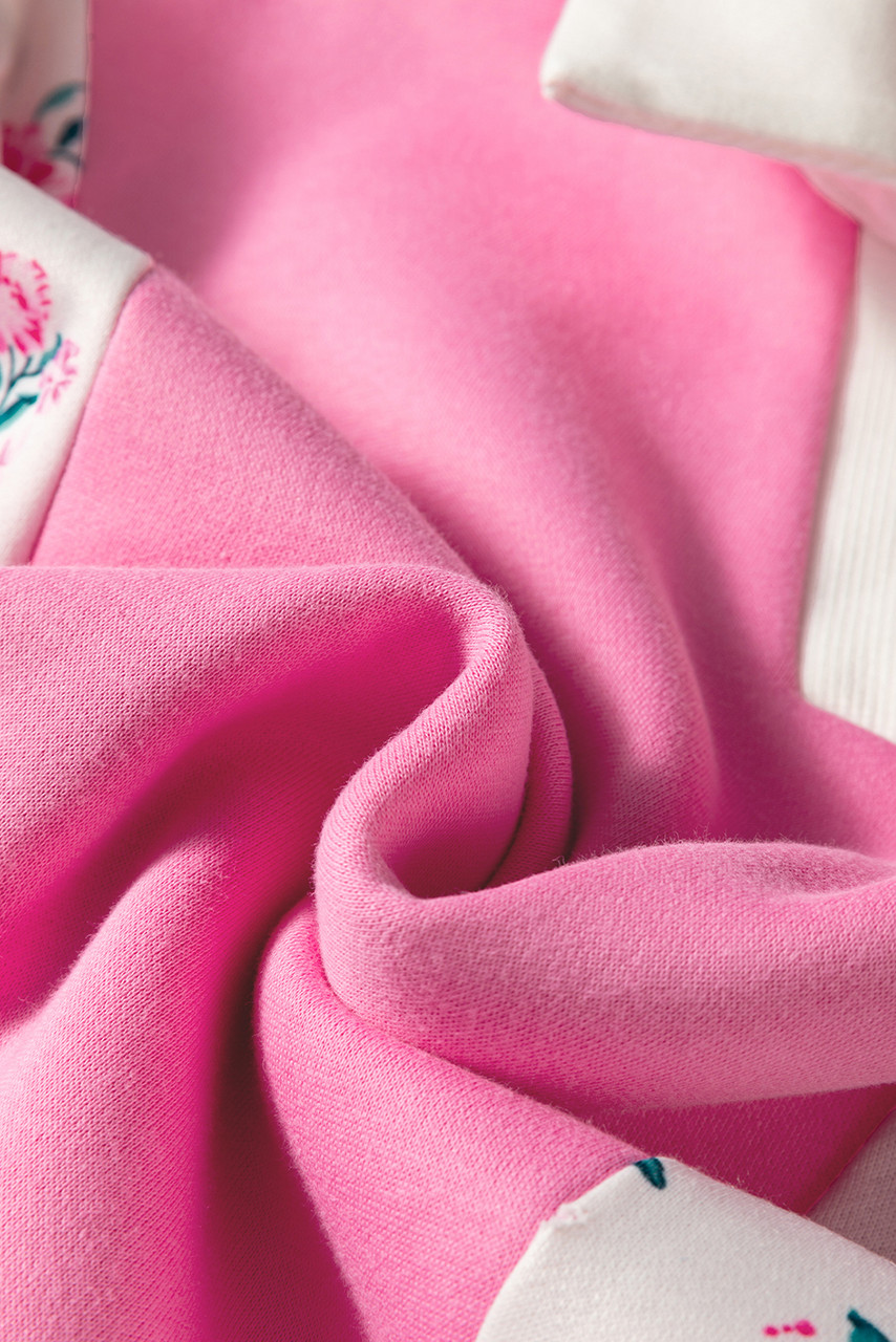 Bonbon Colorblock Polo Collar Floral Patchwork Puff Sleeve Top