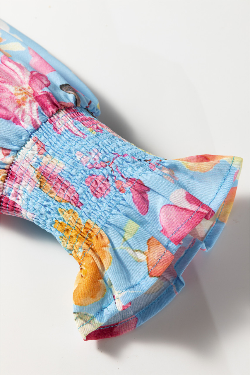 Sky Blue Floral Smocked Cuff Flounce Sleeve V Neck Blouse Sky Blue Floral Smocked Cuff Flounce Sleeve V Neck Blouse