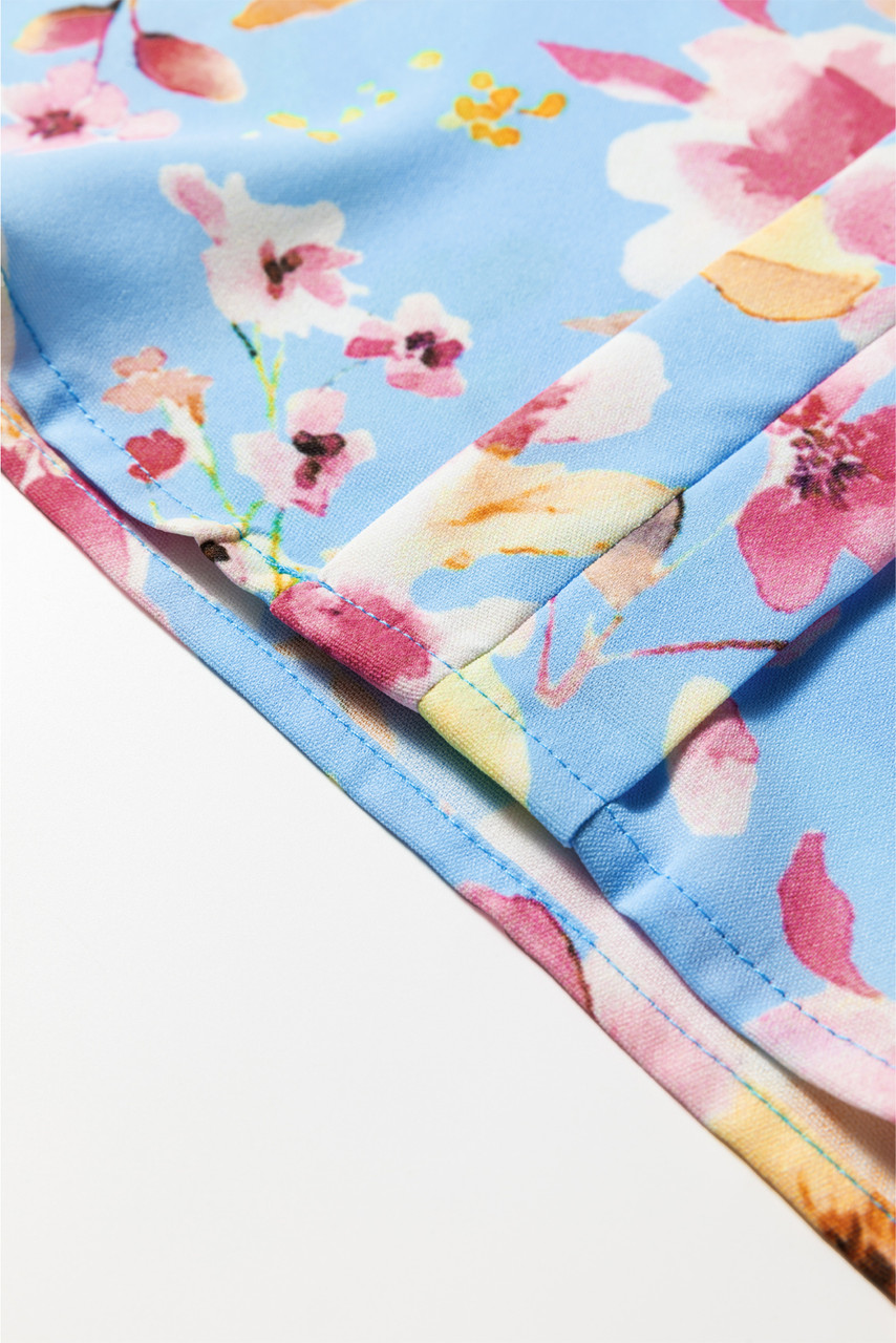 Sky Blue Floral Smocked Cuff Flounce Sleeve V Neck Blouse Sky Blue Floral Smocked Cuff Flounce Sleeve V Neck Blouse