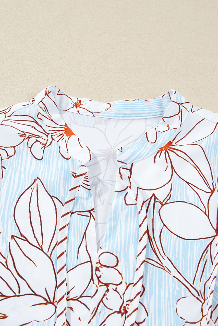 Brown Floral Print Tie Neck 3/4 Sleeve Mini Dress