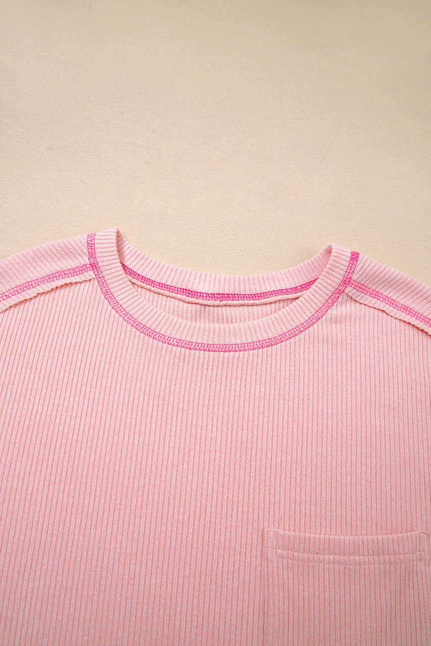 Bonbon Ribbed Exposed Seam Round Neck Chest Pocket Plus Knit Top