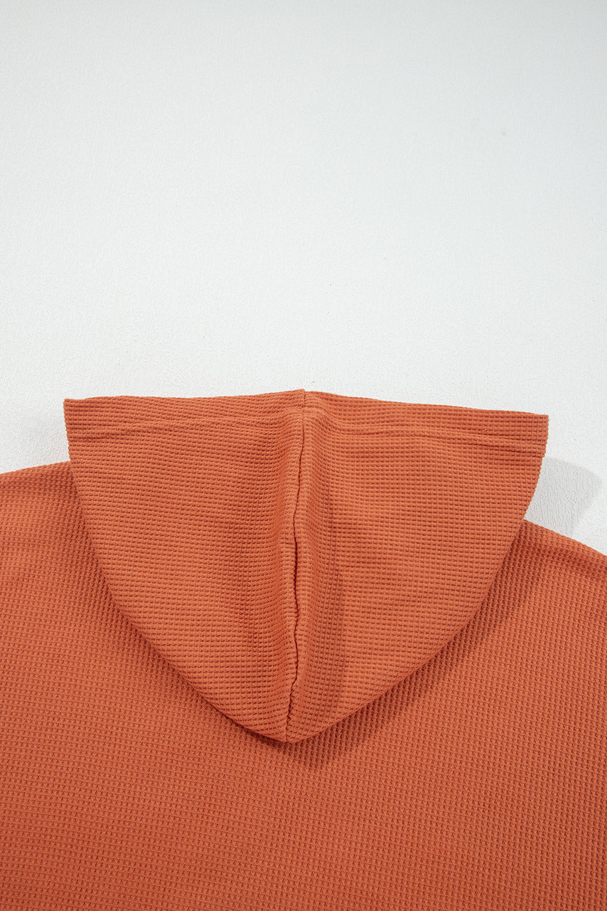 Cinnamon Waffle Printed Patchwork Drawstring Hooded Long Sleeve Top