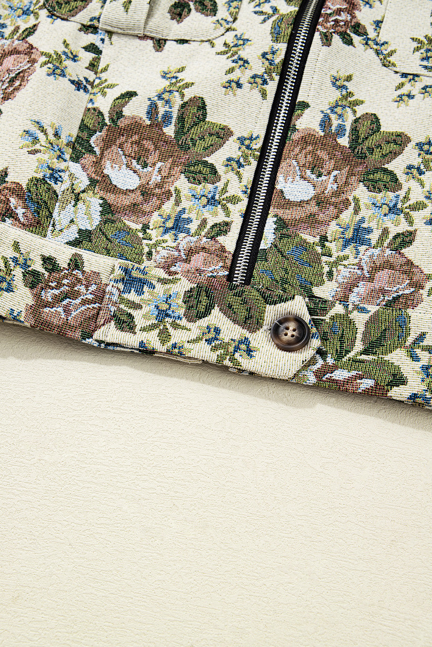 Khaki Floral Print Zip Up Contrast Collared Jacket