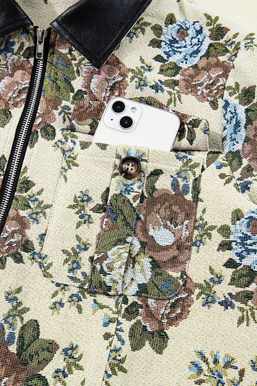 Khaki Floral Print Zip Up Contrast Collared Jacket