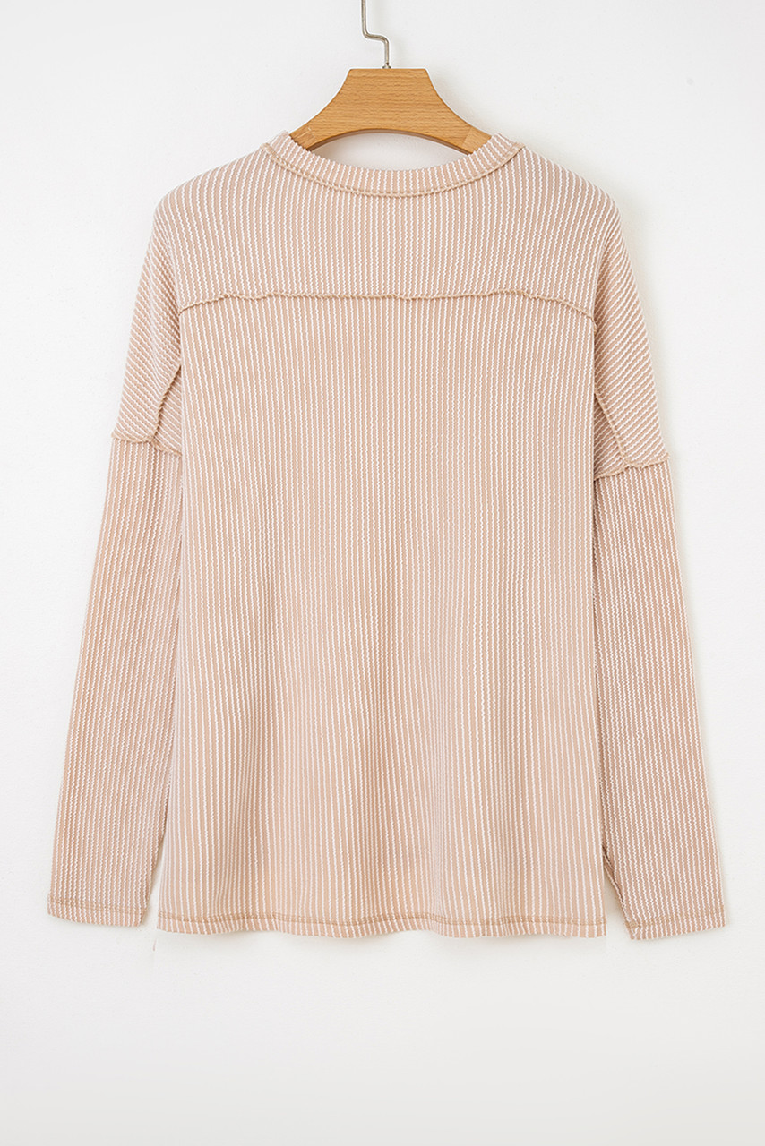Parchment Twist Ribbed Exposed Seam Detail Long Sleeve Loose Top