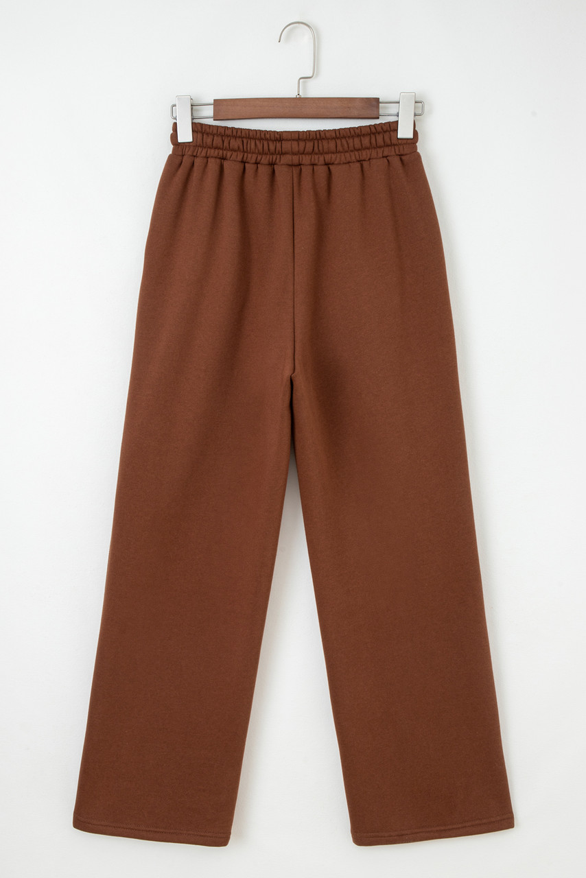 Coffee Fleece Lined Leopard Drawstring Elastic Waist Solid Pants