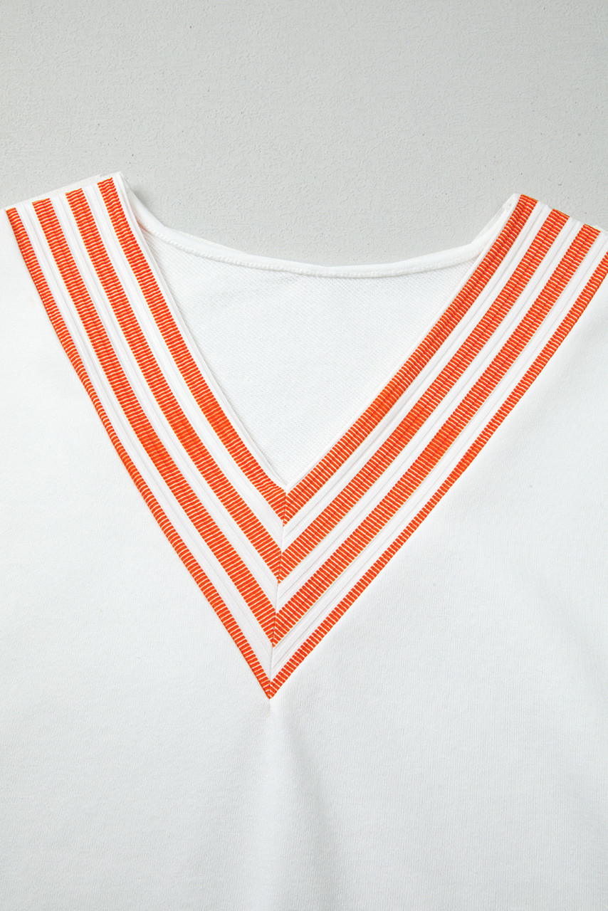 Orange Stripe  V Neck Drop Shoulder Patchwork Long Sleeve Top