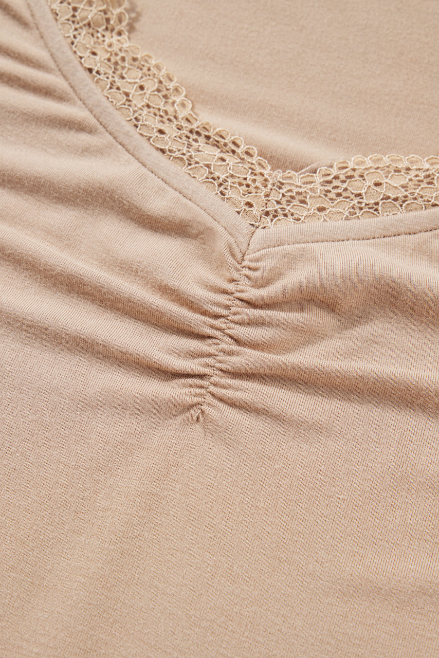 Smoke Gray Lace-trimmed Sweetheart Neckline Ruched Detail Long Sleeve T-shirt