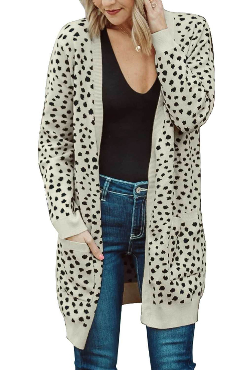 Apricot Open Front Dotted Print Knit Cardigan