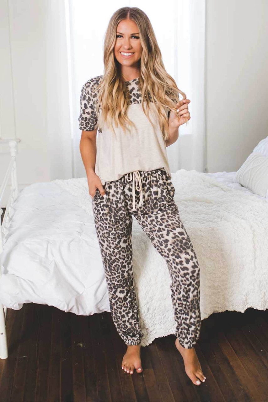 Leopard Splicing Short Sleeve Two Pieces Loungewear