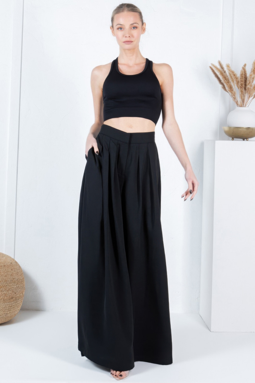 Large Hem Wide Leg Pleated Solid Pants Large Hem Wide Leg Pleated Solid Pants