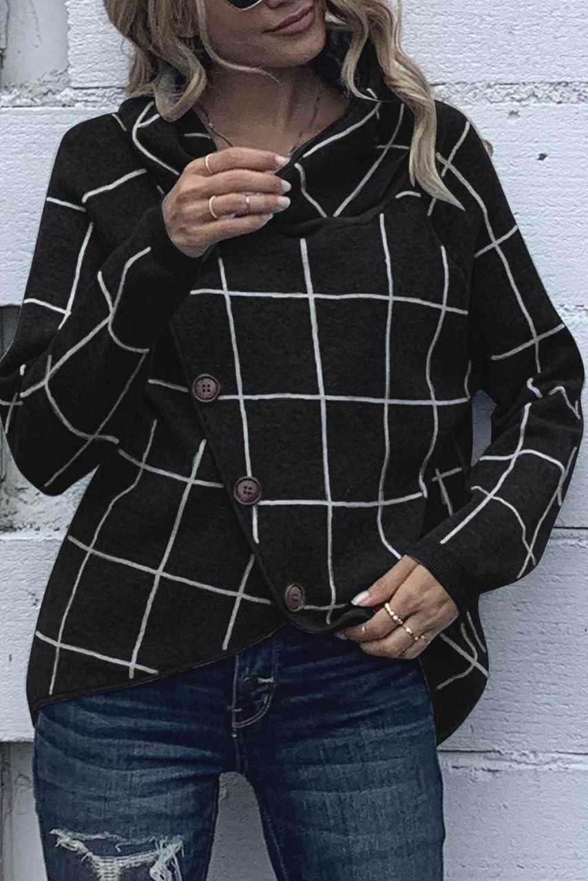 Black Button Wrap Turtleneck Pullover Plaid Print Knit Sweater