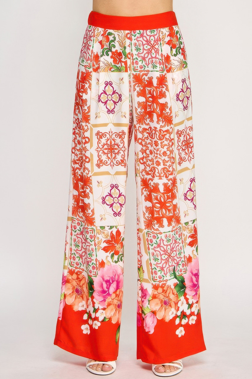 Printed Wide Leg Pants With Elastic Back Printed Wide Leg Pants With Elastic Back