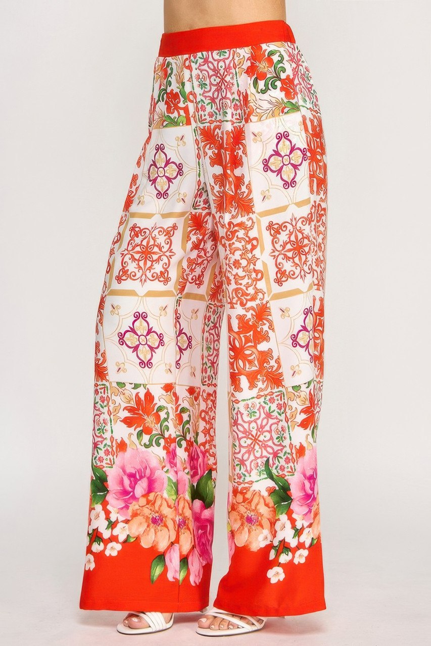 Printed Wide Leg Pants With Elastic Back Printed Wide Leg Pants With Elastic Back