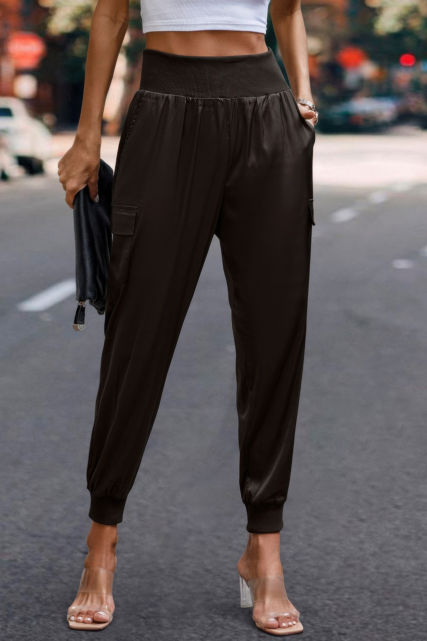 High Waist Trousers Pocket Satin Jogger Pants High Waist Trousers Pocket Satin Jogger Pants