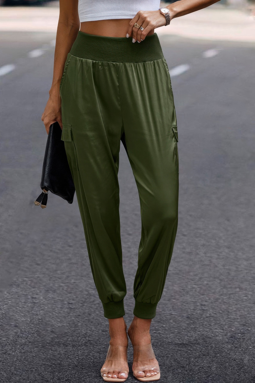 High Waist Trousers Pocket Satin Jogger Pants High Waist Trousers Pocket Satin Jogger Pants