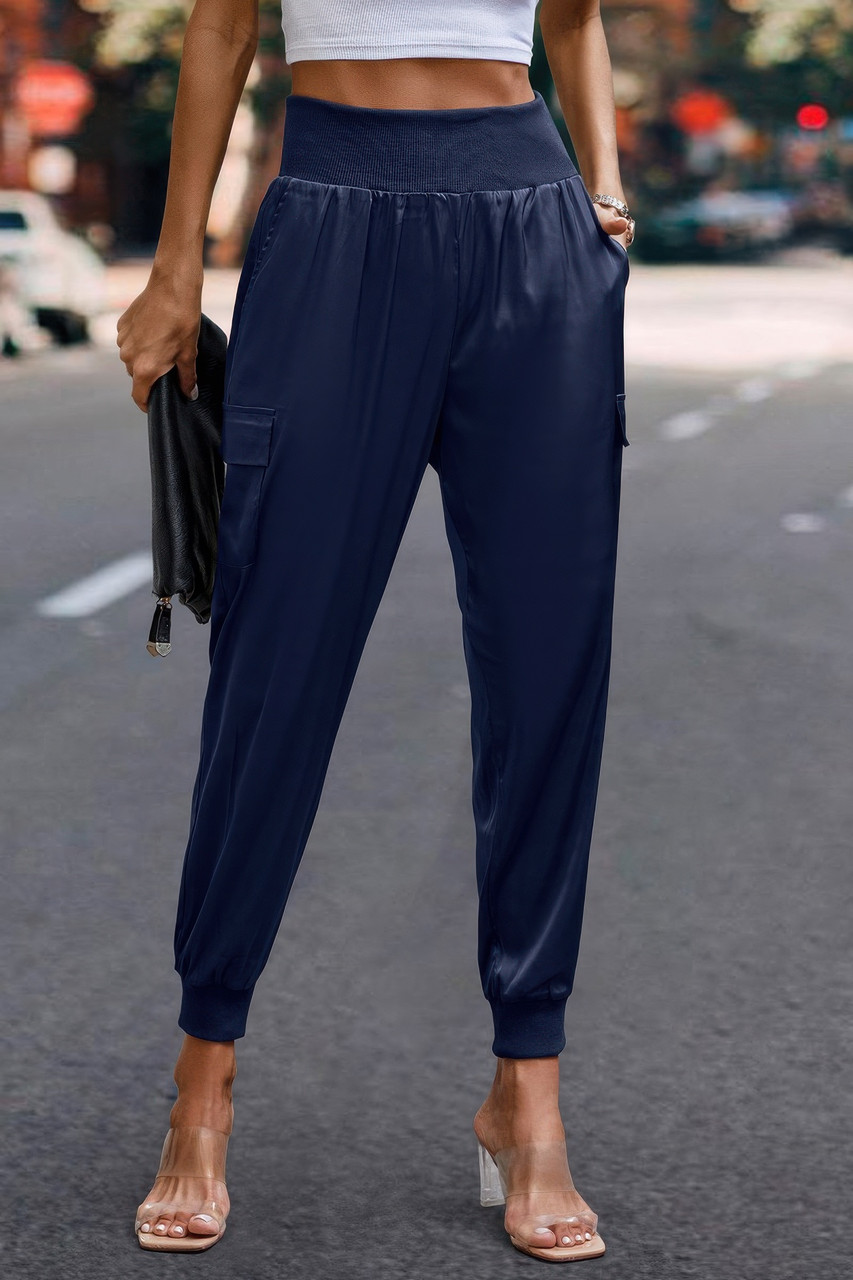 High Waist Trousers Pocket Satin Jogger Pants High Waist Trousers Pocket Satin Jogger Pants
