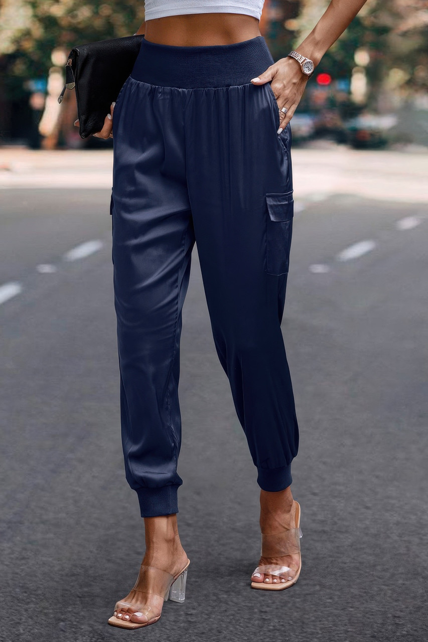 High Waist Trousers Pocket Satin Jogger Pants High Waist Trousers Pocket Satin Jogger Pants