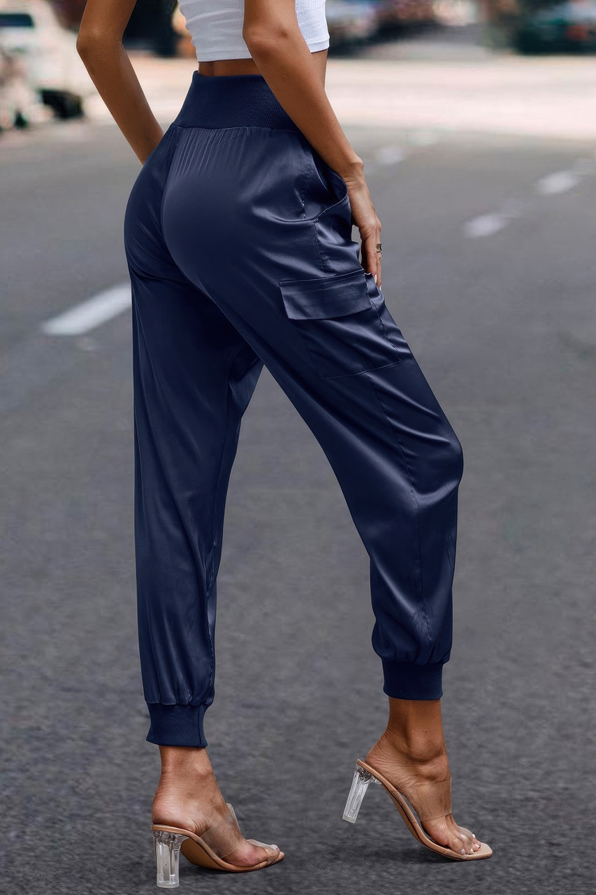 High Waist Trousers Pocket Satin Jogger Pants High Waist Trousers Pocket Satin Jogger Pants
