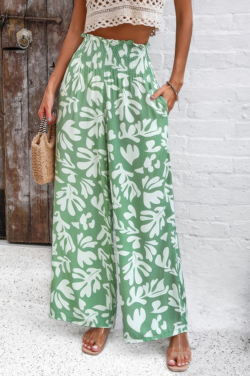 Allover Print Folded Frill Wide Leg High Waist Pant Allover Print Folded Frill Wide Leg High Waist Pant