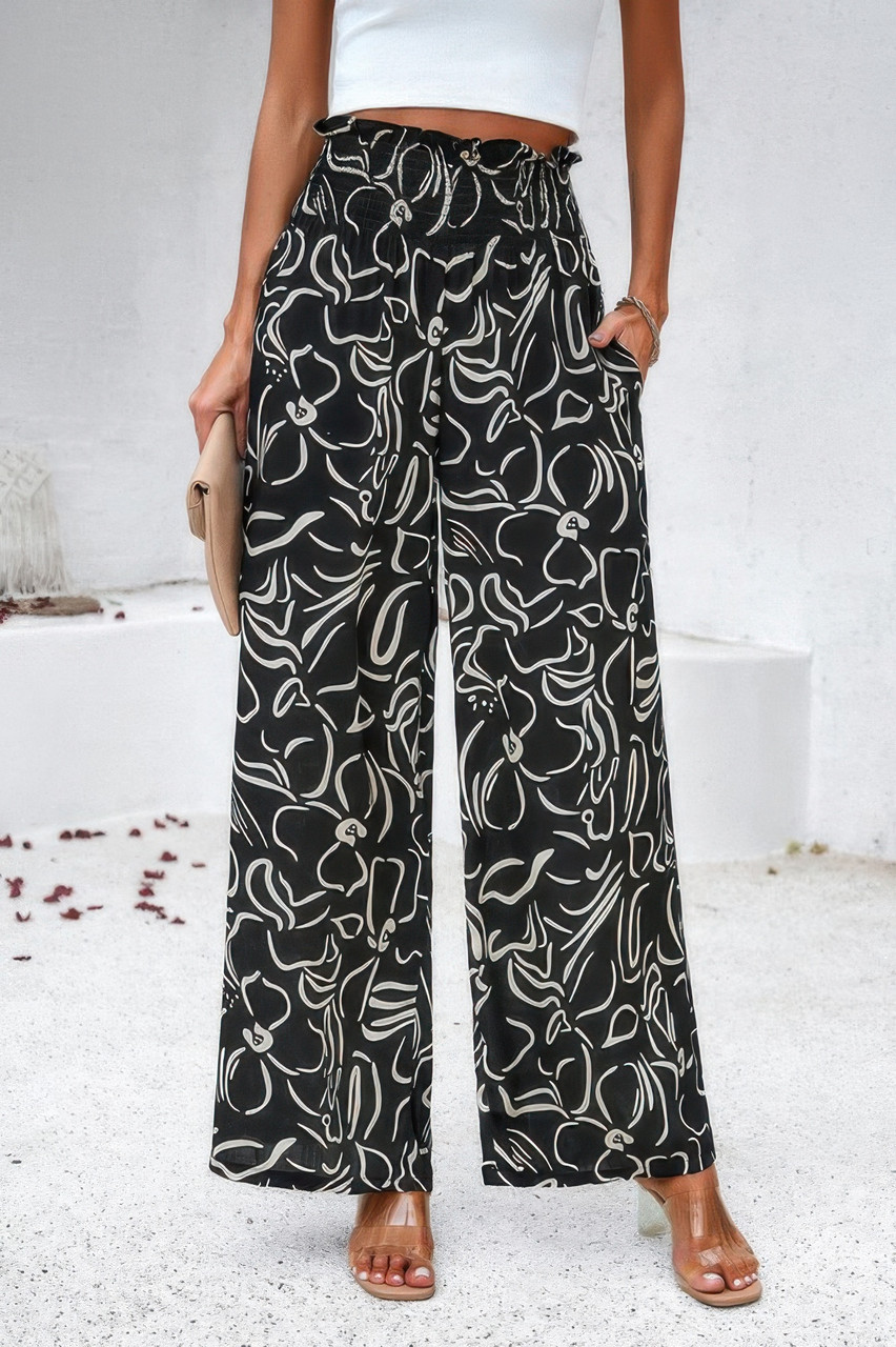 Allover Print Folded Frill Wide Leg High Waist Pant Allover Print Folded Frill Wide Leg High Waist Pant
