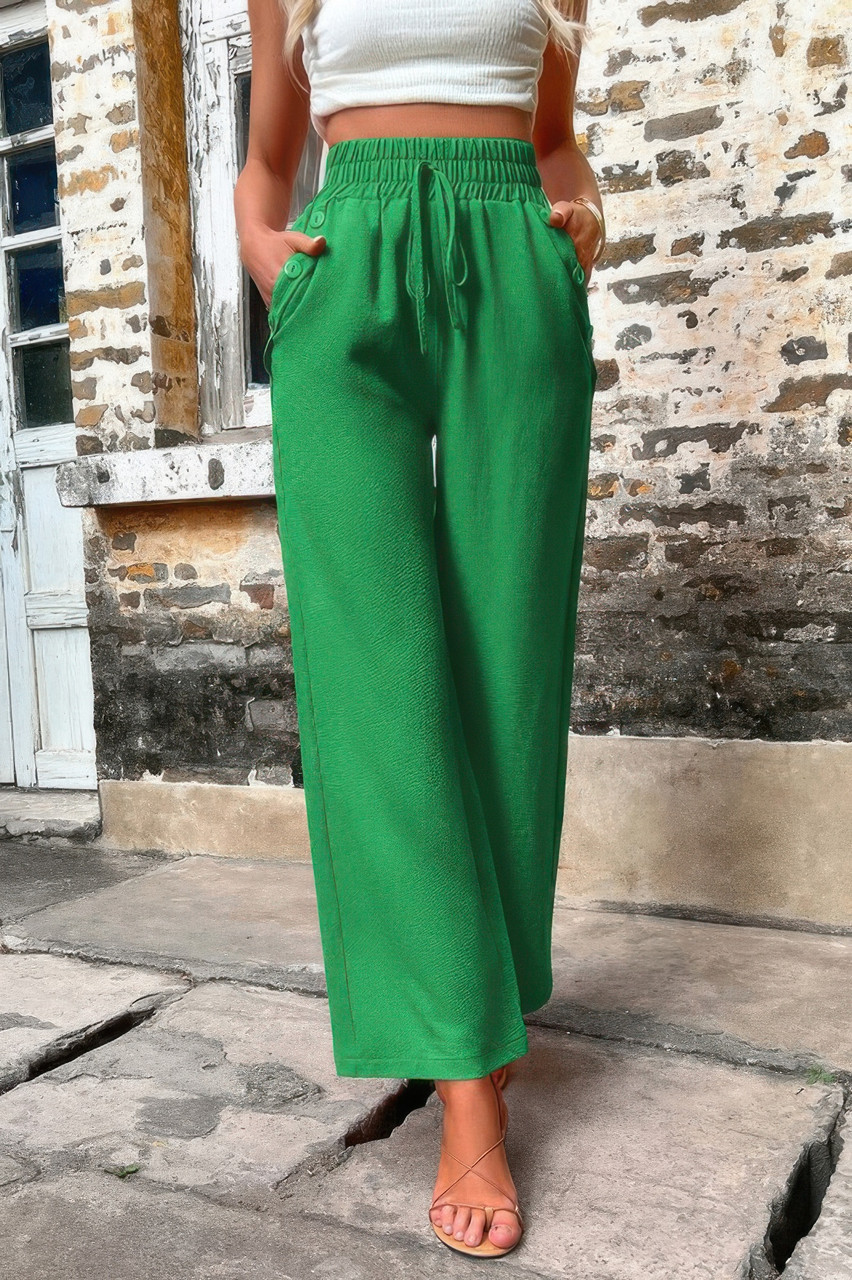 Solid Elegant Wide Leg Drawstring Waist Pockets Pant Solid Elegant Wide Leg Drawstring Waist Pockets Pant