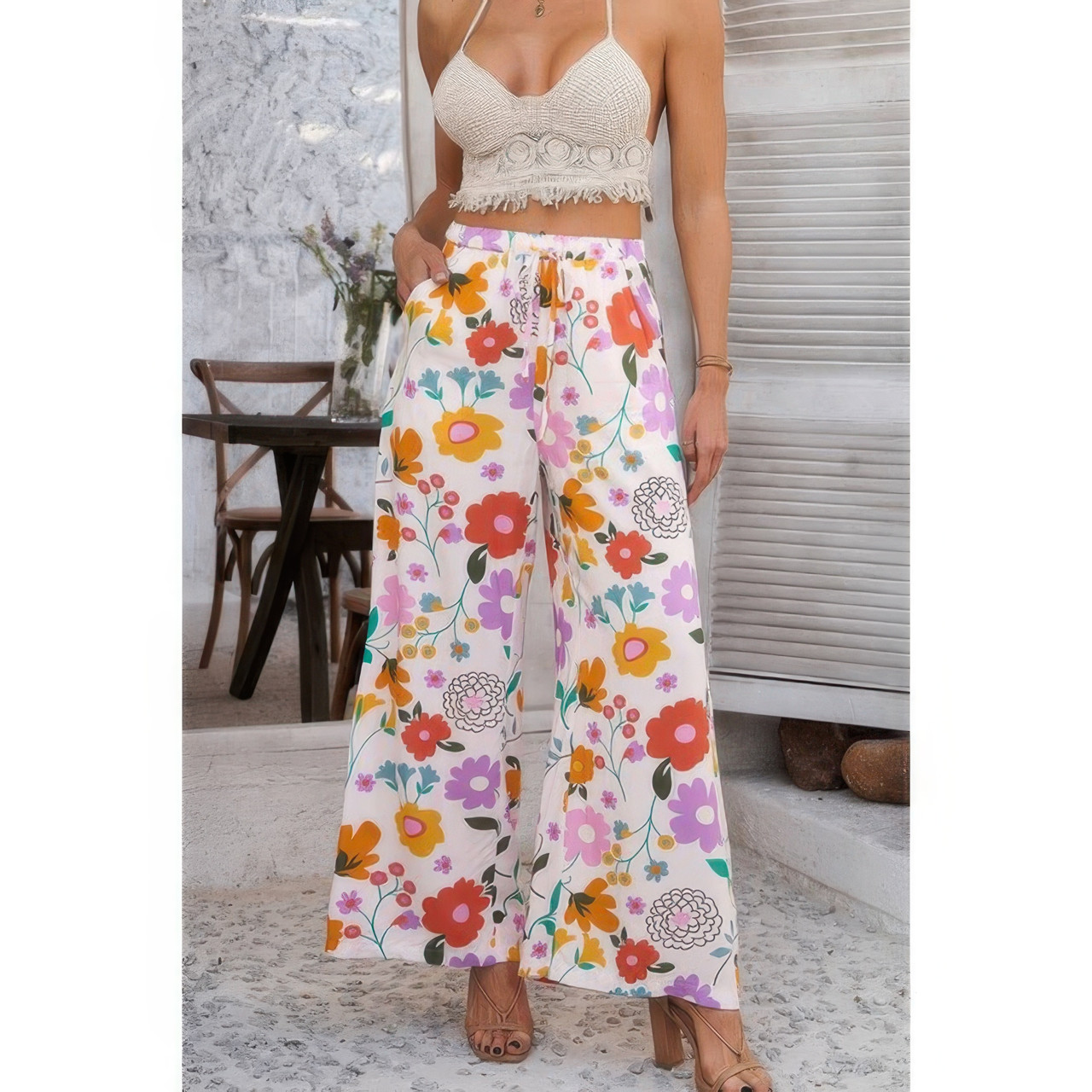 Allover Print Drawstring Pockets Wide Leg Pants Allover Print Drawstring Pockets Wide Leg Pants