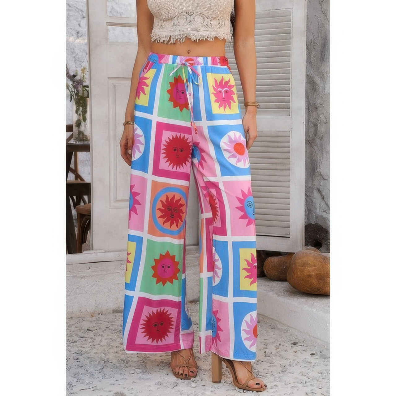 Allover Print Drawstring Pockets Wide Leg Pants Allover Print Drawstring Pockets Wide Leg Pants