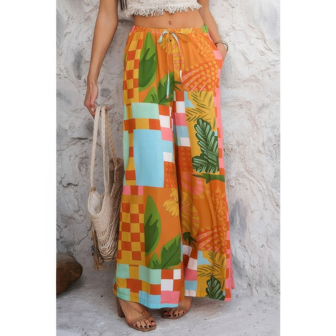 Allover Print Drawstring Pockets Wide Leg Pants Allover Print Drawstring Pockets Wide Leg Pants