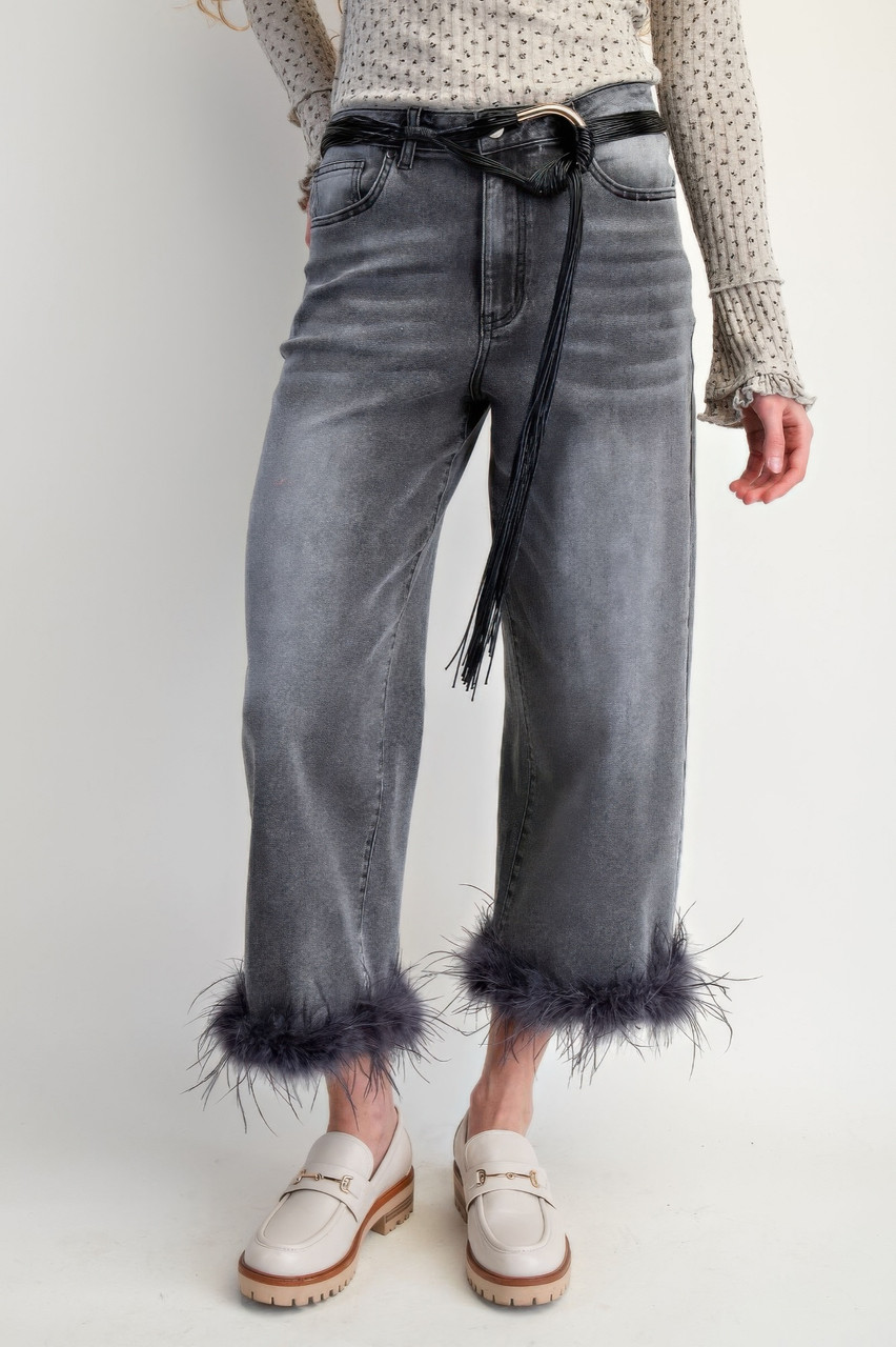 Fur Bottom Hem Washed Stretch Denim Pants Fur Bottom Hem Washed Stretch Denim Pants