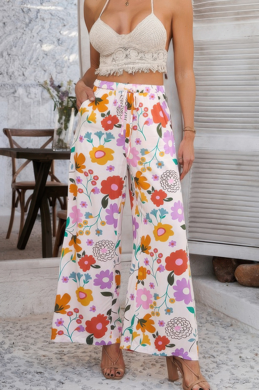 Allover Print Drawstring Pockets Wide Leg Pants Allover Print Drawstring Pockets Wide Leg Pants