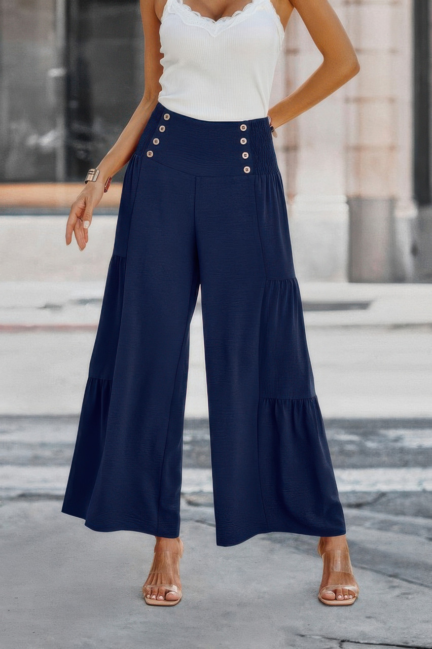 Solid Ruffle Button Wide Leg Pant