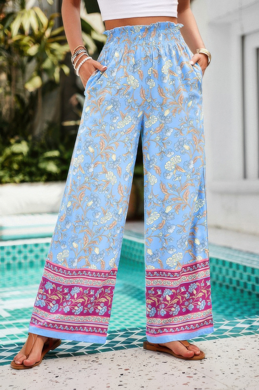 Floral Print Wide Stright Leg Pockets Elastic Pant